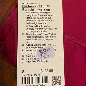 Lululemon NWT Align 25" pants size 8